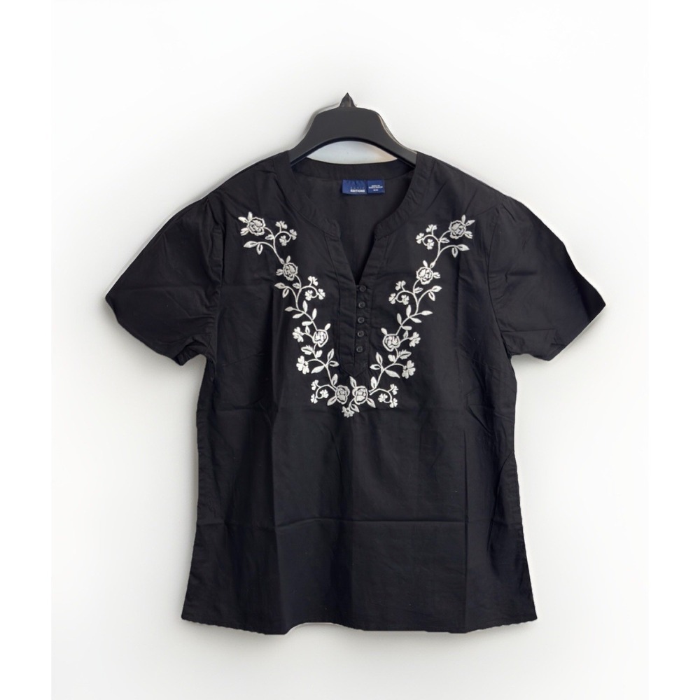 Basic Editions‎ Women's Blouse Size M Black White Floral Embroidery Cotton Shirt